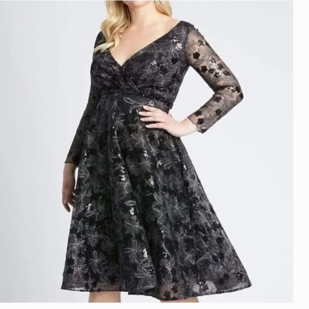 MAC DUGGAL Dress Size 16 /16W Evening Gown Black Midi Silver Floral NEW Illusion